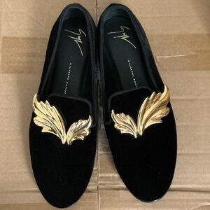 Giuseppe Zanotti Black Velvet Loafers with Gold Leaf Detail